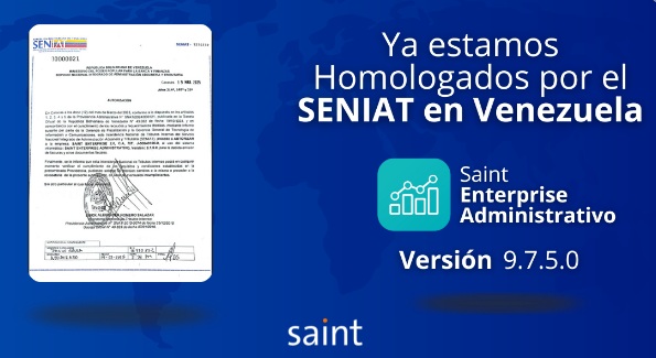 Carta de homologación emitida por el SENIAT para SAINT Enterprise Administrativo 9.7.5.0